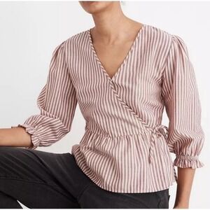 Madewell Wrap Top Striped Peplum Puff Sleeve Blouse Pink Gray Small Feminine‎